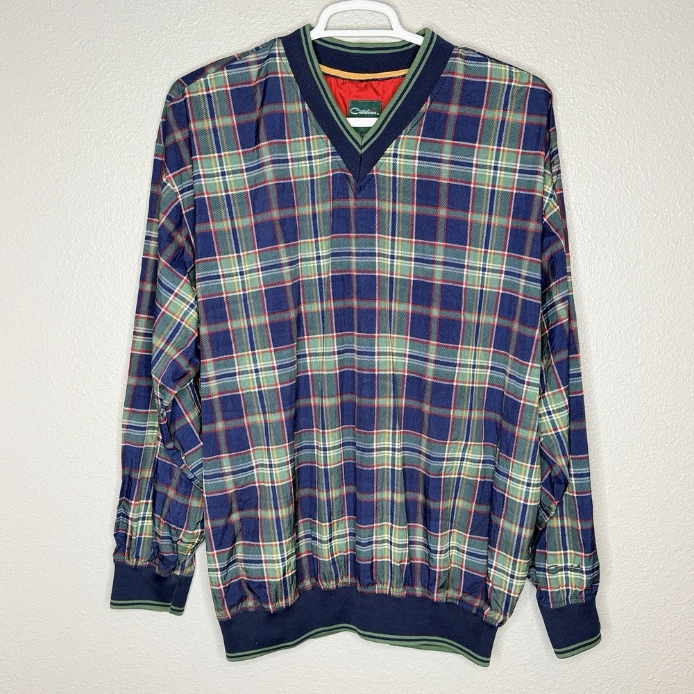 VTG Catalina‎ Plaid Pullover Windbreaker Jacket V Neck Nylon Lined 90s XL Preppy